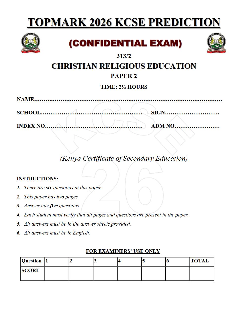 Preview of Form 4 KCSE Prediction Christian Religious Education (CRE) Paper 2 Prediction Paper 2026