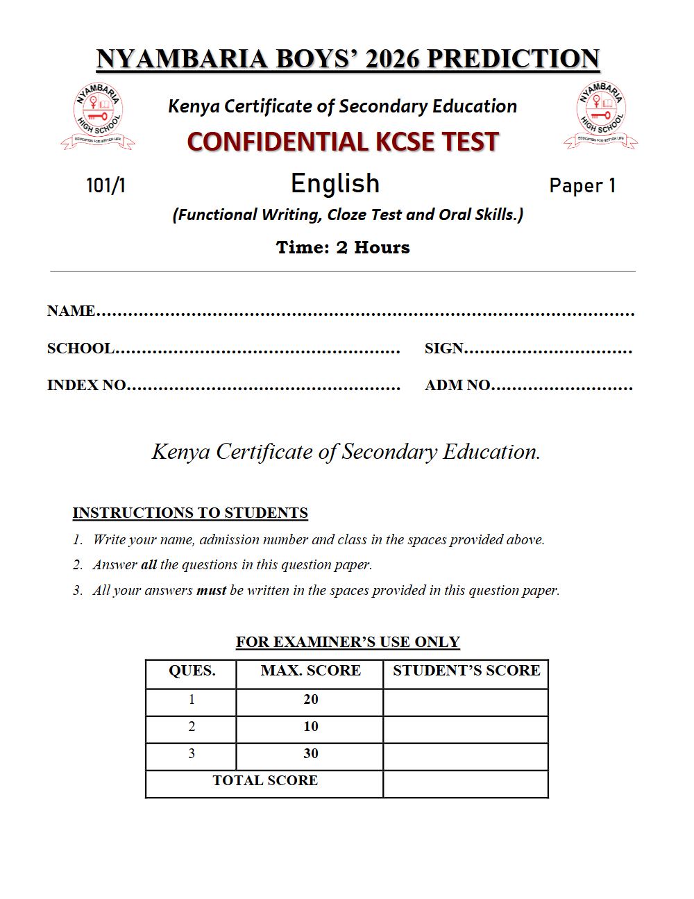 Thumbnail preview of Form 4 English Paper 1 KCSE Prediction 2026_28