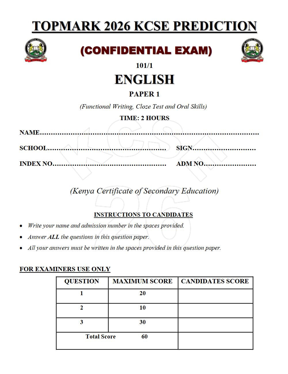Preview of Form 4 KCSE Prediction English Paper 1 Prediction Paper 2026