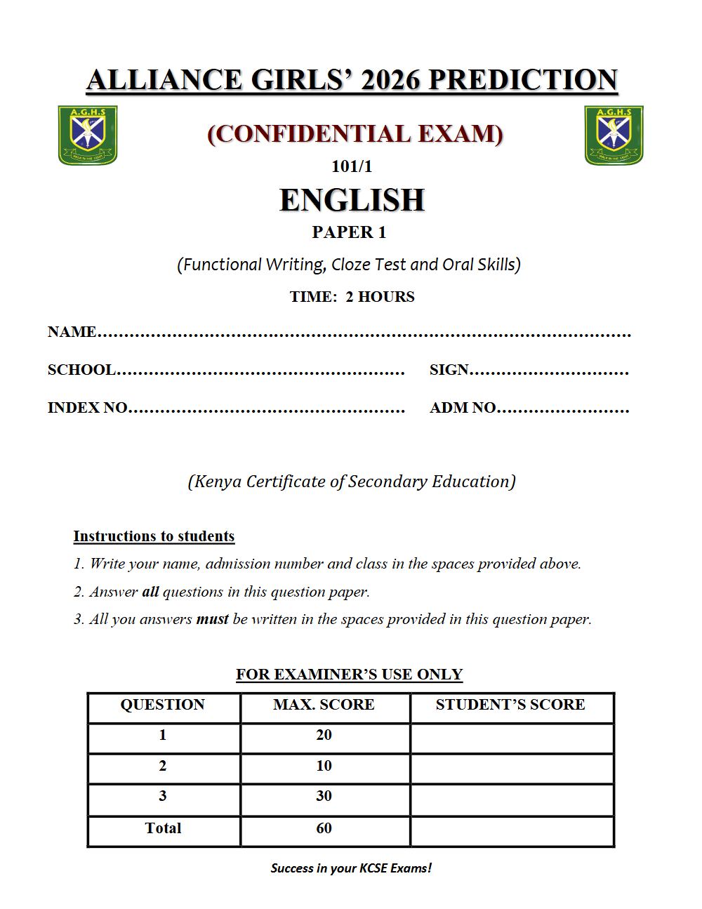 Preview of Form 4 KCSE Prediction English Paper 1 Prediction Paper 2026