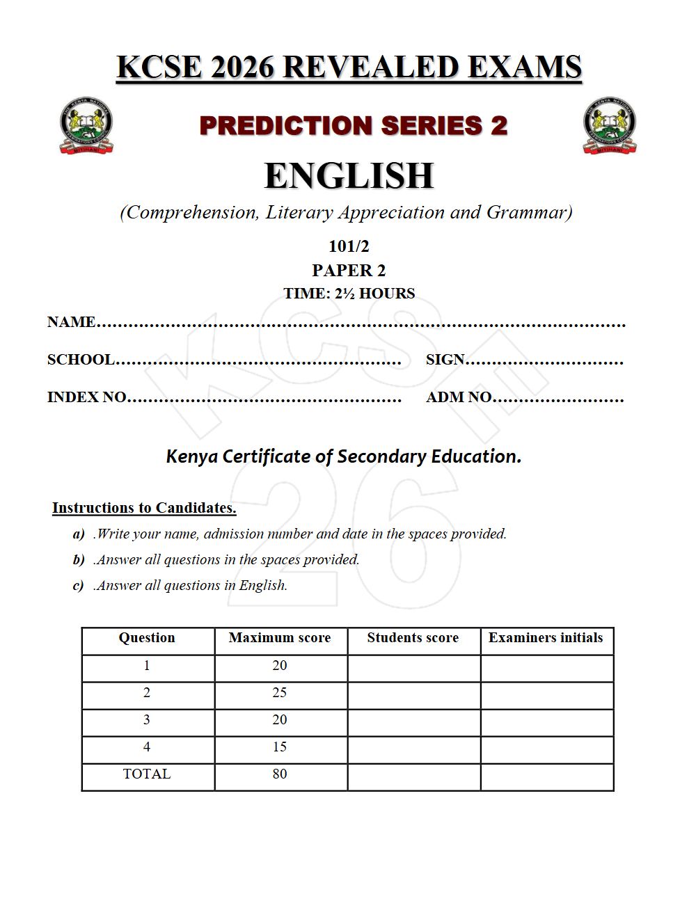 Preview of Form 4 KCSE Prediction English Paper 2 Prediction Paper 2026