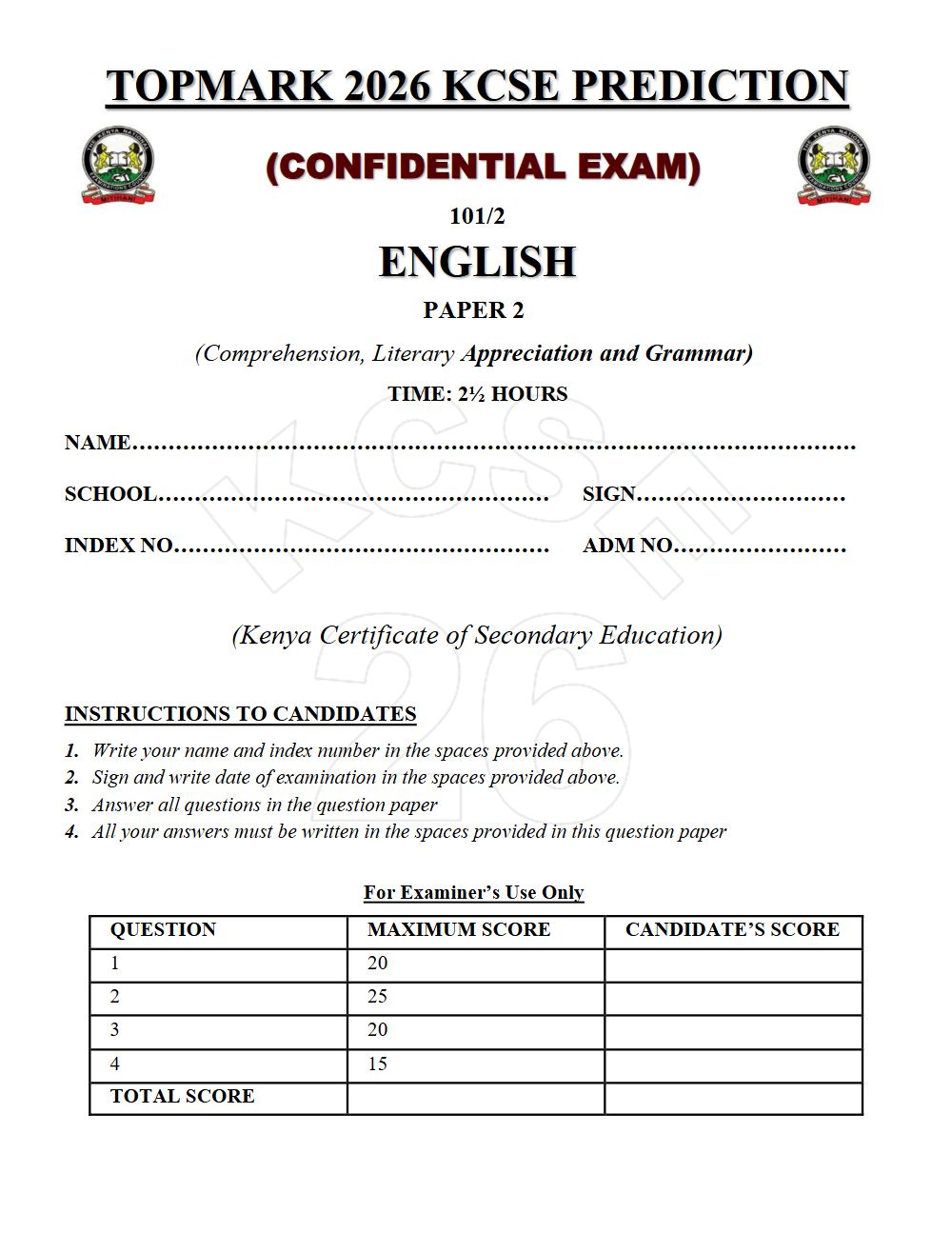 Preview of Form 4 KCSE Prediction English Paper 2 Prediction Paper 2026