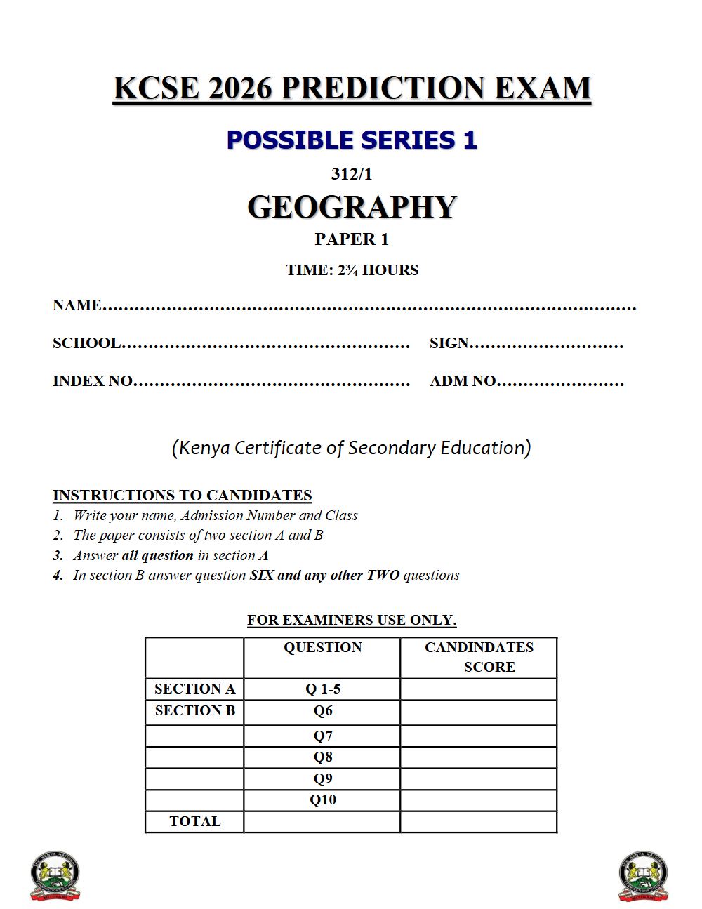 Preview of Form 4 KCSE Prediction Geography Paper 1 Prediction Paper 2026