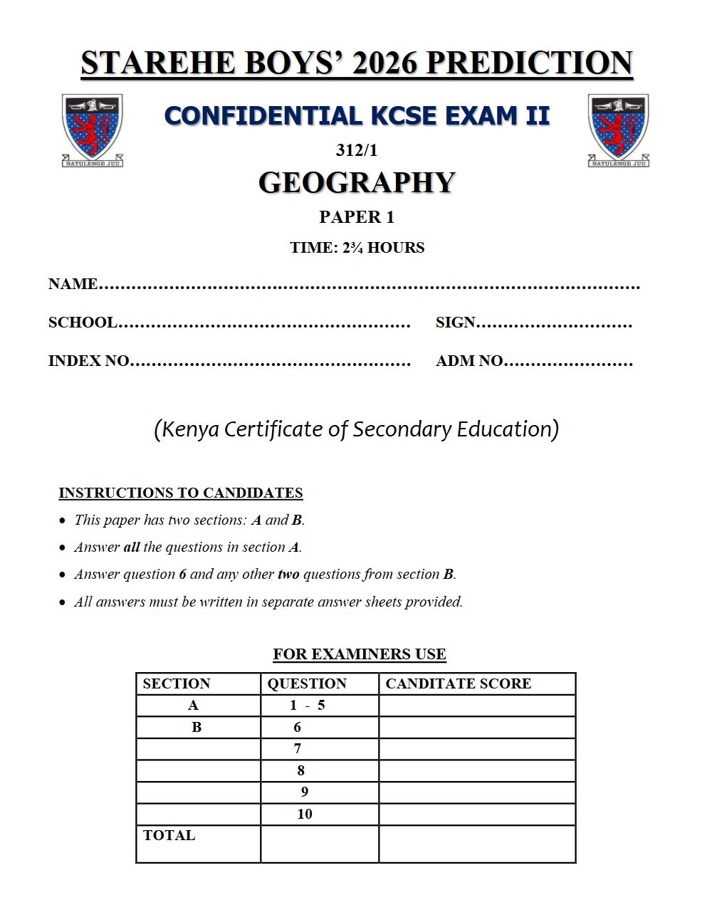 Preview of Form 4 KCSE Prediction Geography Paper 1 Prediction Paper 2026