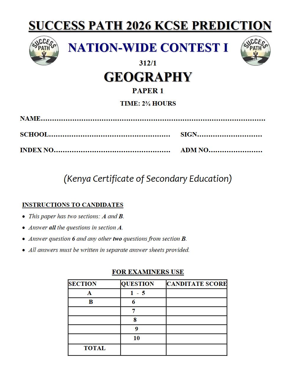 Preview of Form 4 KCSE Prediction Geography Paper 1 Prediction Paper 2026