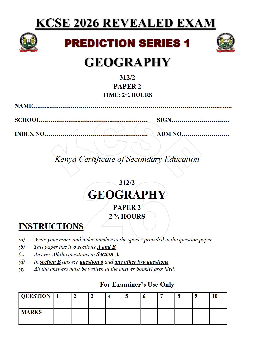 Preview of Form 4 KCSE Prediction Geography Paper 2 Prediction Paper 2026