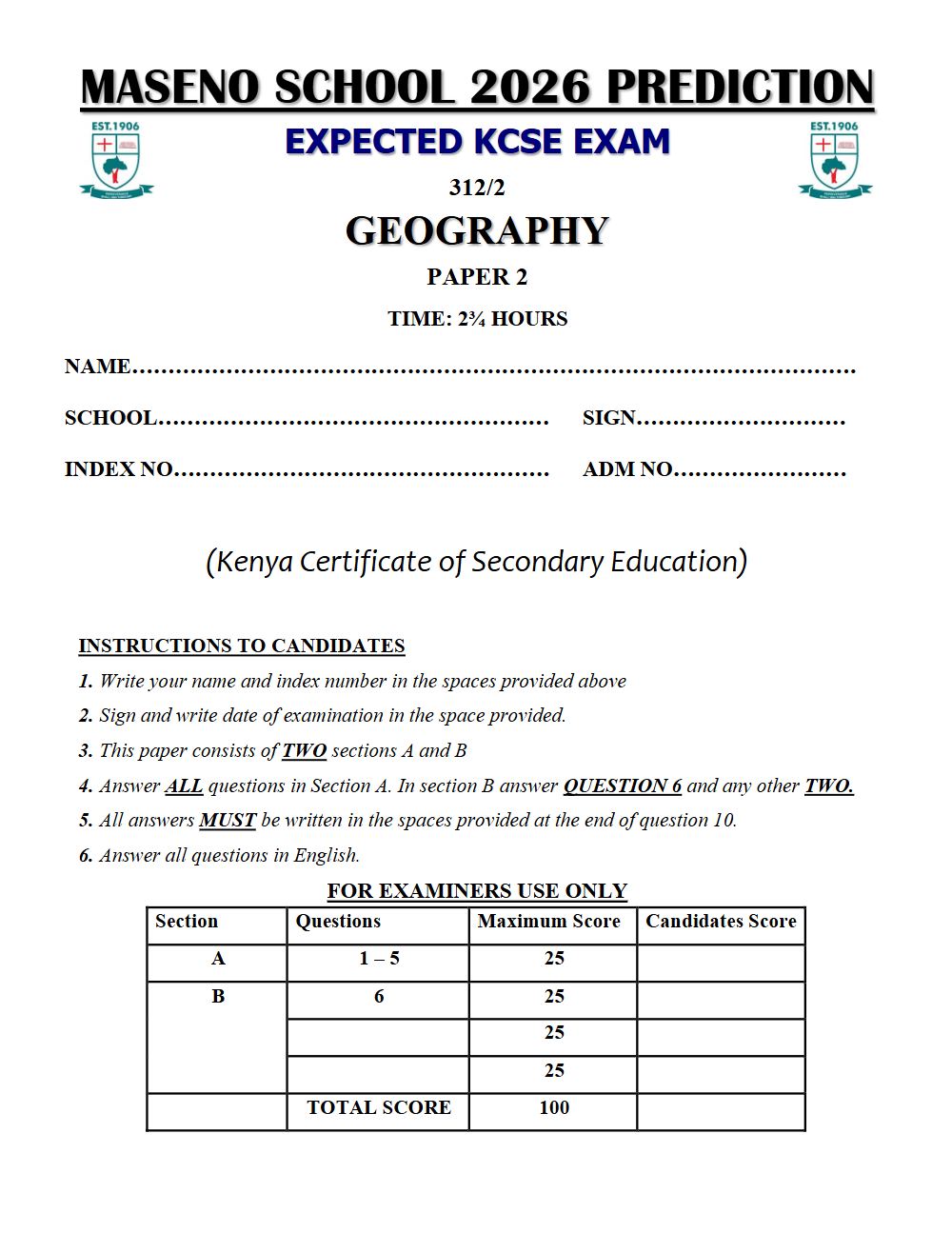 Preview of Form 4 KCSE Prediction Geography Paper 2 Prediction Paper 2026