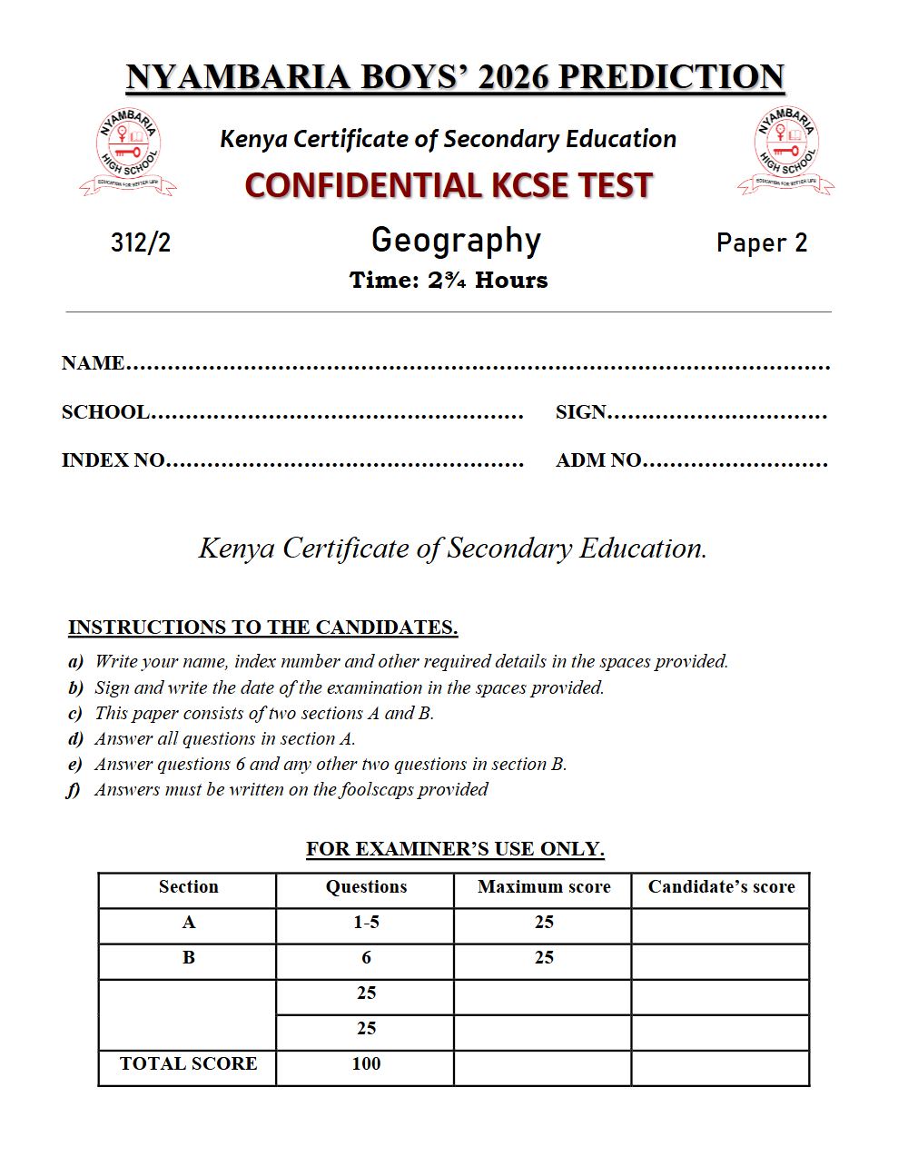 Thumbnail preview of Form 4 Geography Paper 2 KCSE Prediction 2026_28