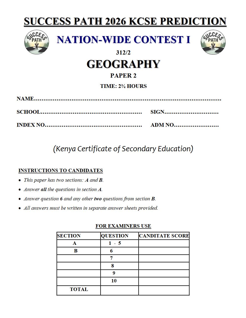 Preview of Form 4 KCSE Prediction Geography Paper 2 Prediction Paper 2026