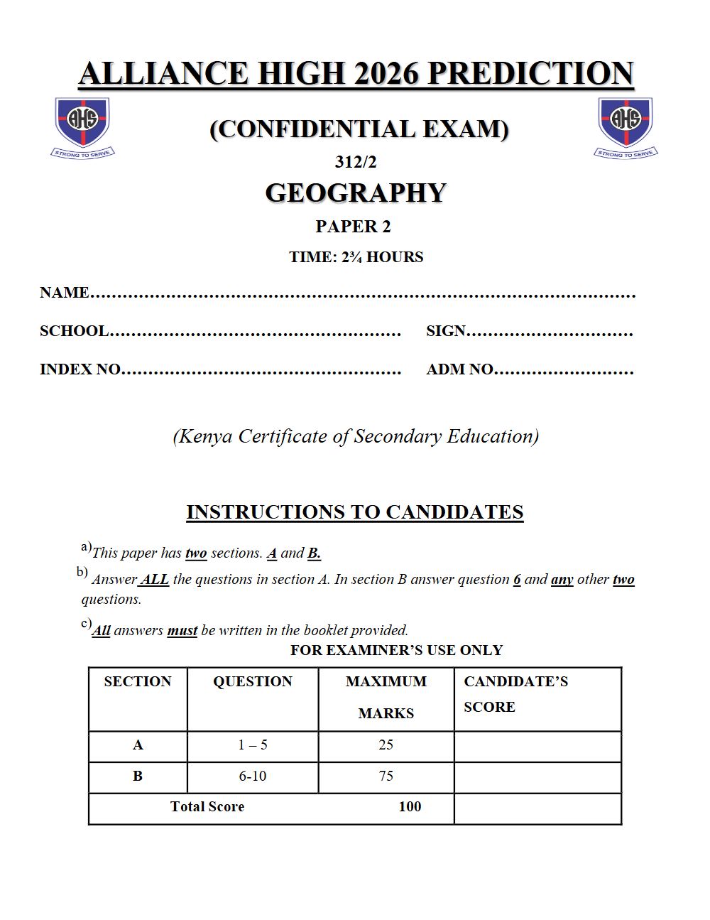 Preview of Form 4 KCSE Prediction Geography Paper 2 Prediction Paper 2026