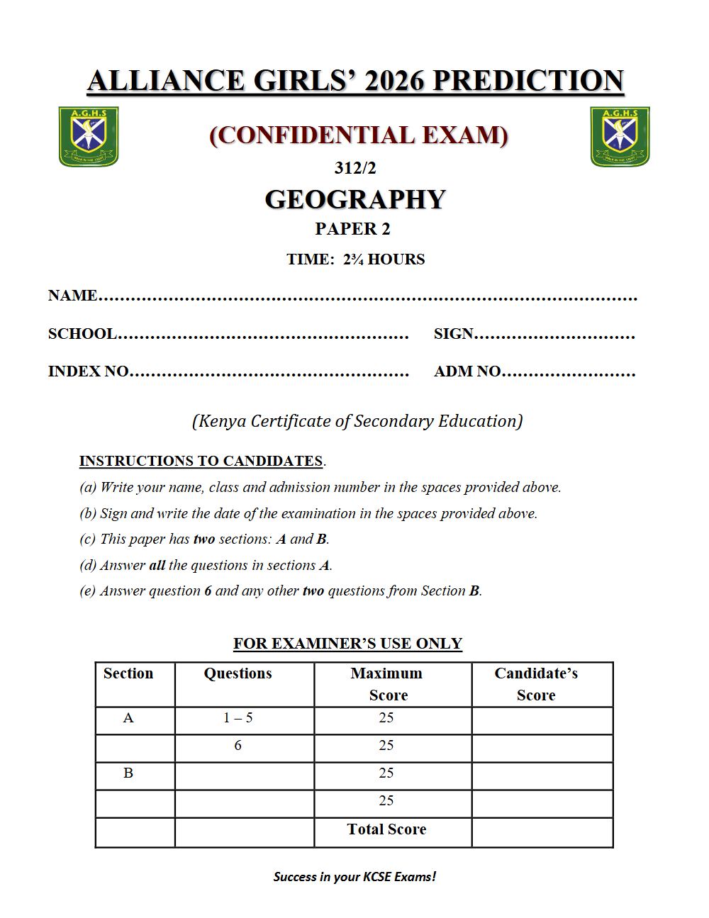 Preview of Form 4 KCSE Prediction Geography Paper 2 Prediction Paper 2026
