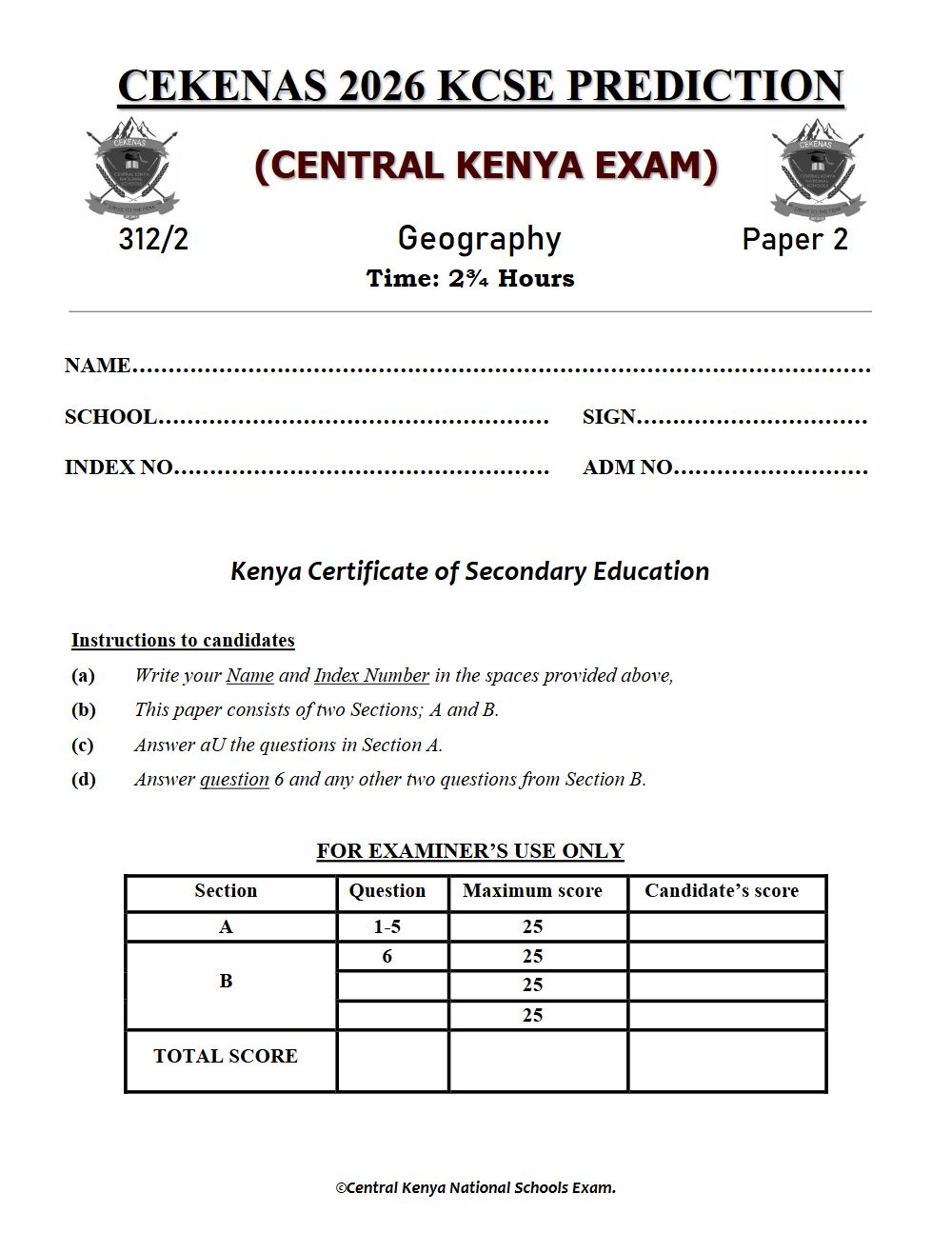 Preview of Form 4 KCSE Prediction Geography Paper 2 Prediction Paper 2026