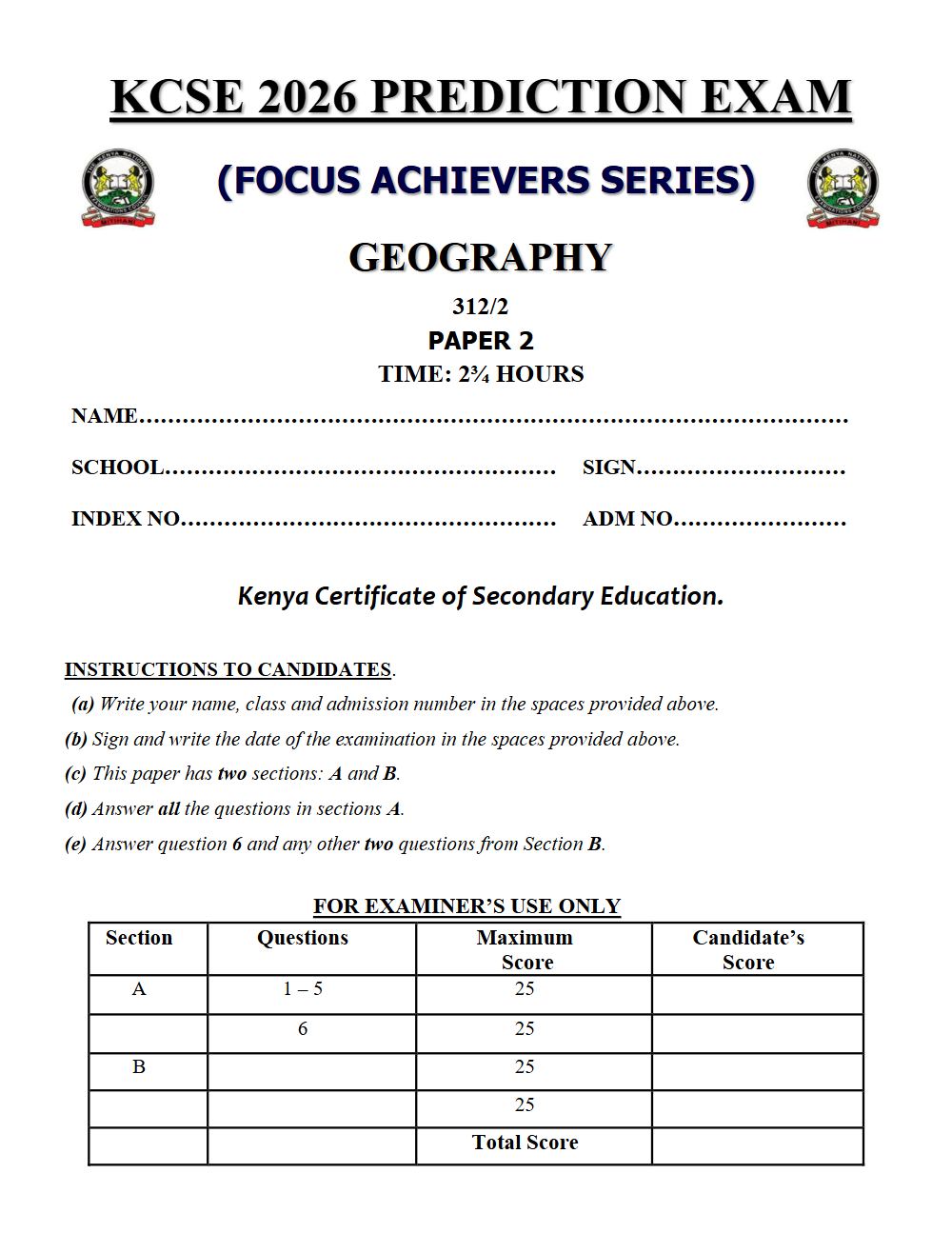 Preview of Form 4 KCSE Prediction Geography Paper 2 Prediction Paper 2026
