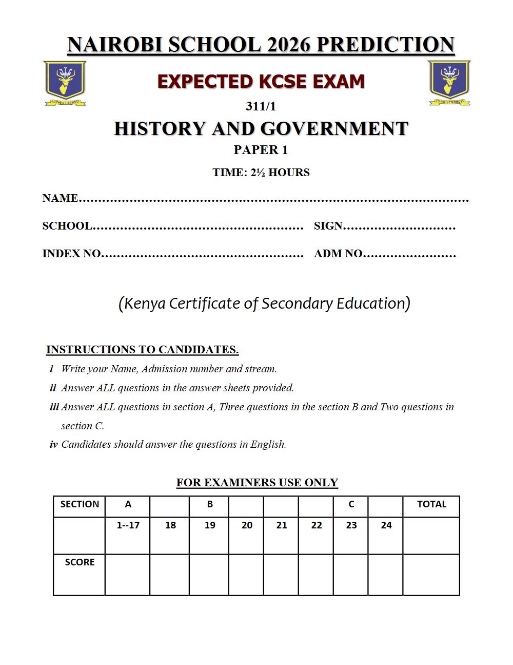 Preview of Form 4 KCSE Prediction History & Government Paper 1 Prediction Paper 2026