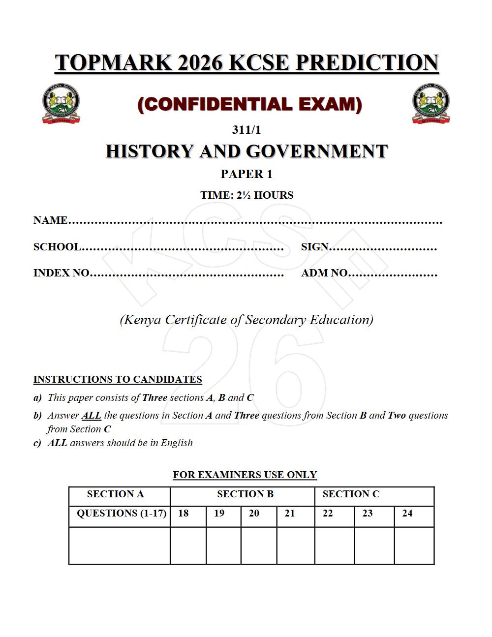 Preview of Form 4 KCSE Prediction History & Government Paper 1 Prediction Paper 2026