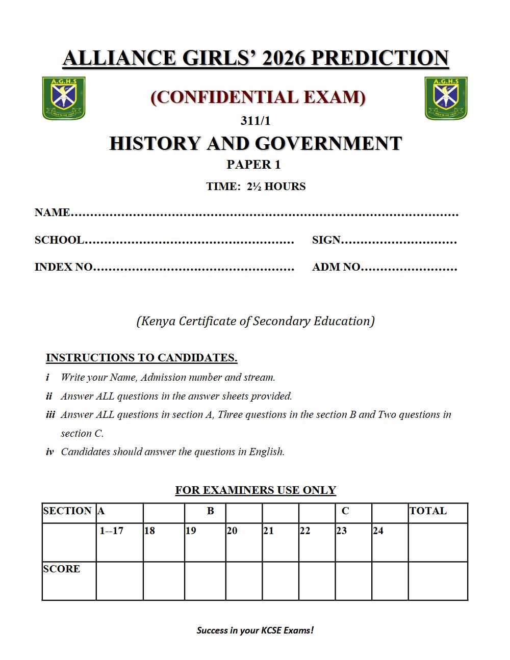 Preview of Form 4 KCSE Prediction History & Government Paper 1 Prediction Paper 2026