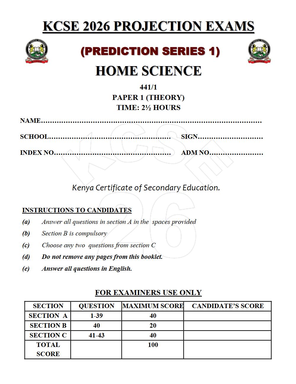 Preview of Form 4 KCSE Prediction Home Science Paper 1 Prediction Paper 2026