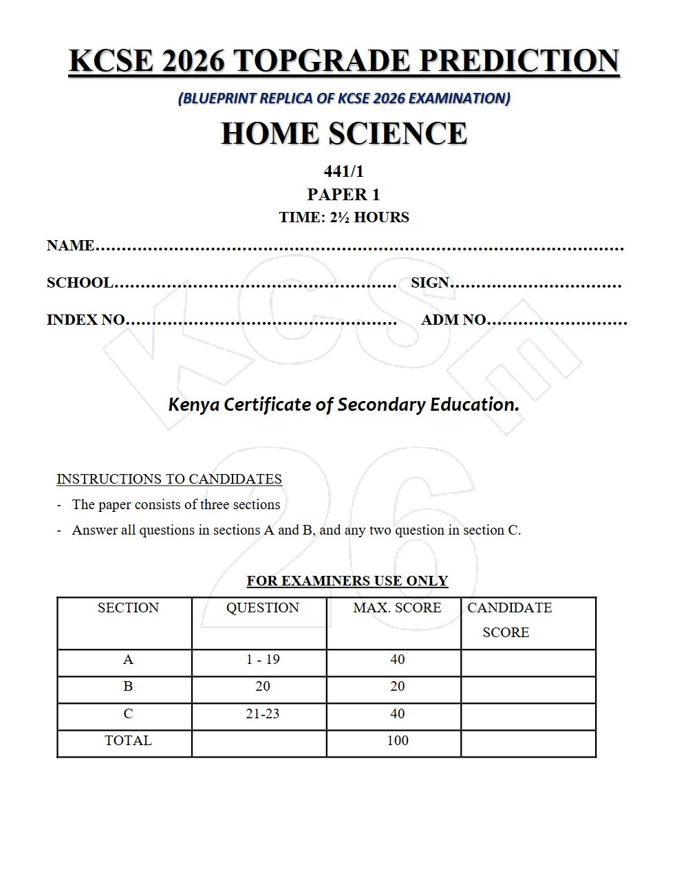 Preview of Form 4 KCSE Prediction Home Science Paper 1 Prediction Paper 2026