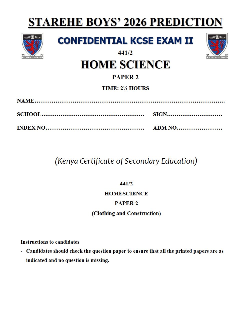 Preview of Form 4 KCSE Prediction Home Science Paper 2 Prediction Paper 2026