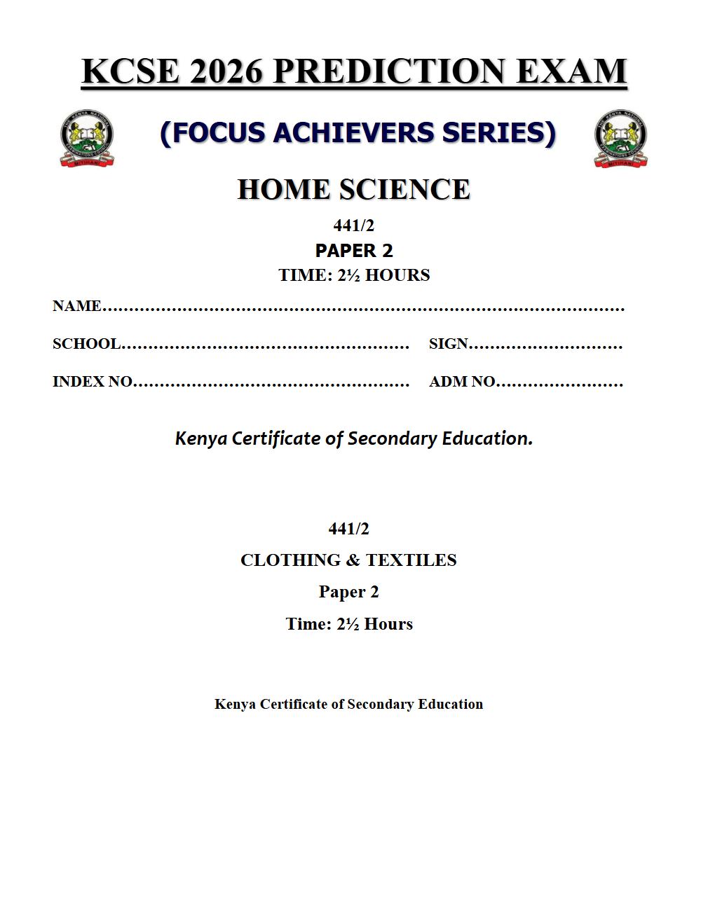 Preview of Form 4 KCSE Prediction Home Science Paper 2 Prediction Paper 2026