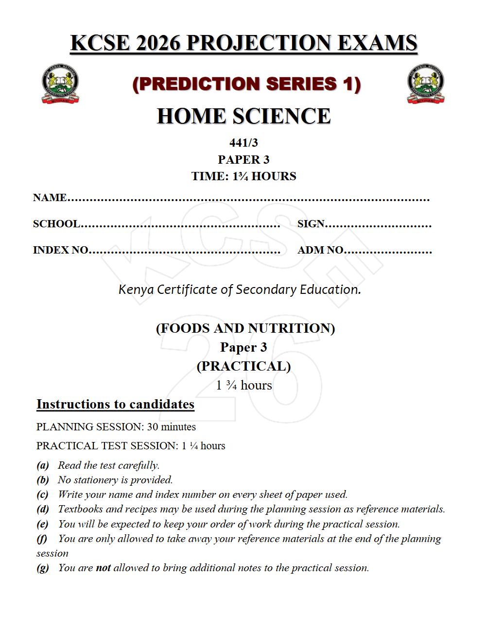 Preview of Form 4 KCSE Prediction Home Science Paper 3 Prediction Paper 2026