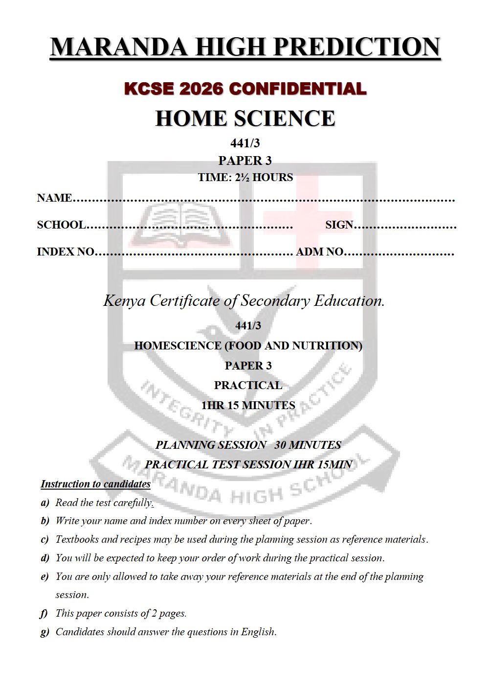Preview of Form 4 KCSE Prediction Home Science Paper 3 Prediction Paper 2026