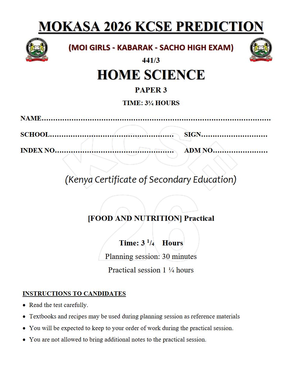 Preview of Form 4 KCSE Prediction Home Science Paper 3 Prediction Paper 2026