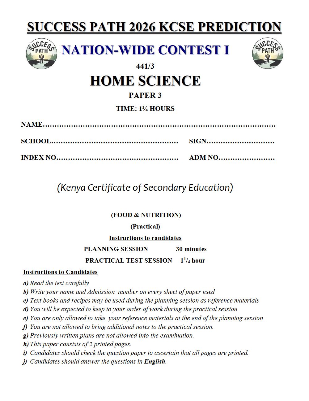 Preview of Form 4 KCSE Prediction Home Science Paper 3 Prediction Paper 2026