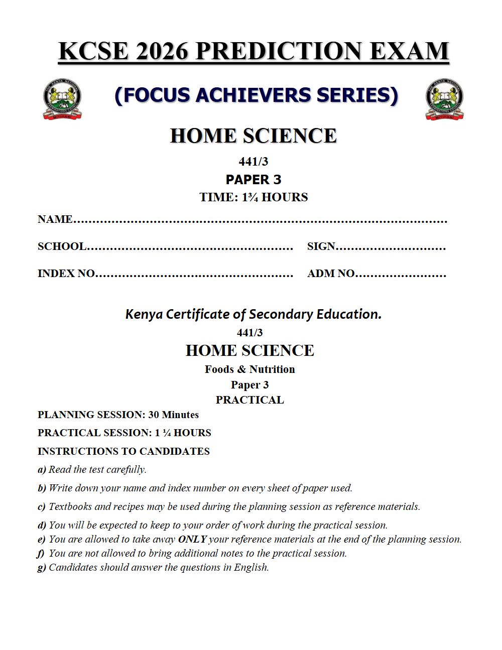 Preview of Form 4 KCSE Prediction Home Science Paper 3 Prediction Paper 2026