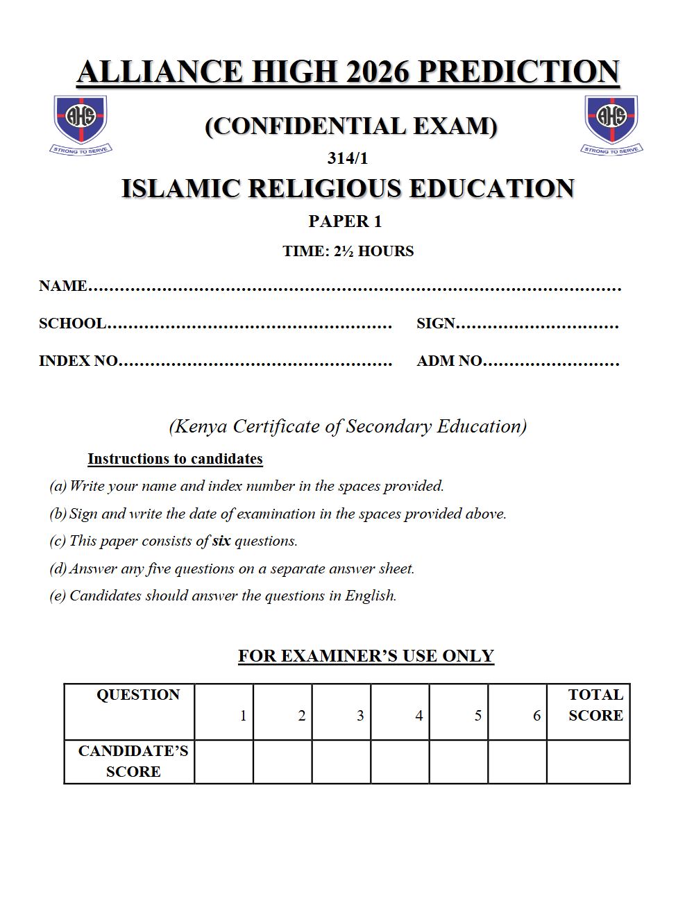 Preview of Form 4 KCSE Prediction Islamic Religious Education (IRE) Paper 1 Prediction Paper 2026