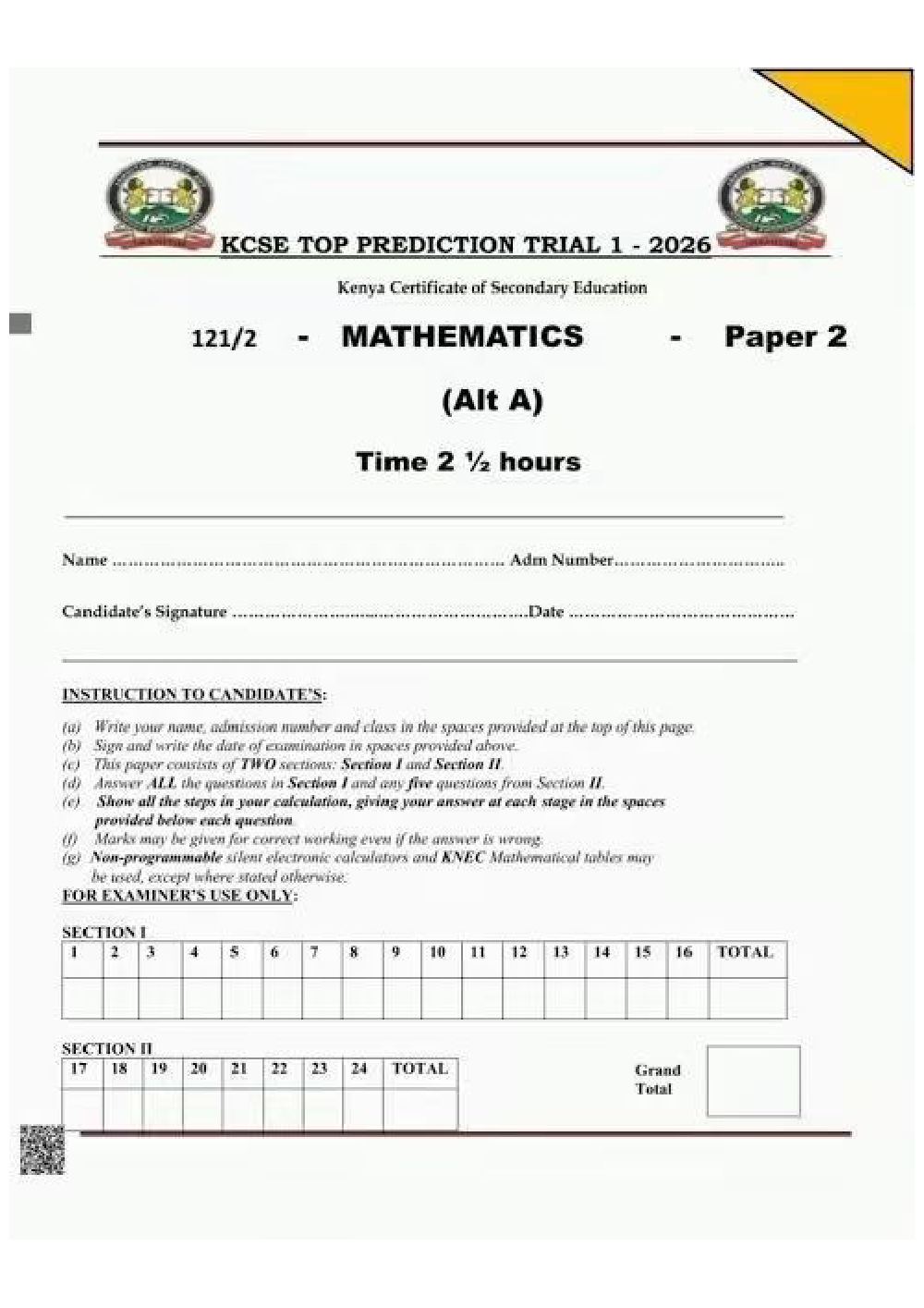 Thumbnail preview of Form 4 KCSE Prediction Mathematics Paper 2 With Worked Answers 2026 Trial 1 Variant A