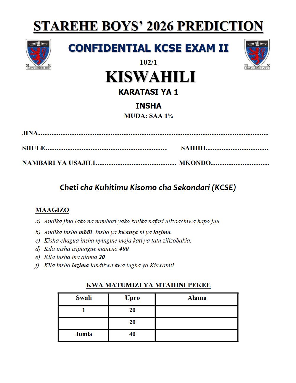 Preview of Form 4 KCSE Prediction Kiswahili Paper 1 Prediction Paper 2026