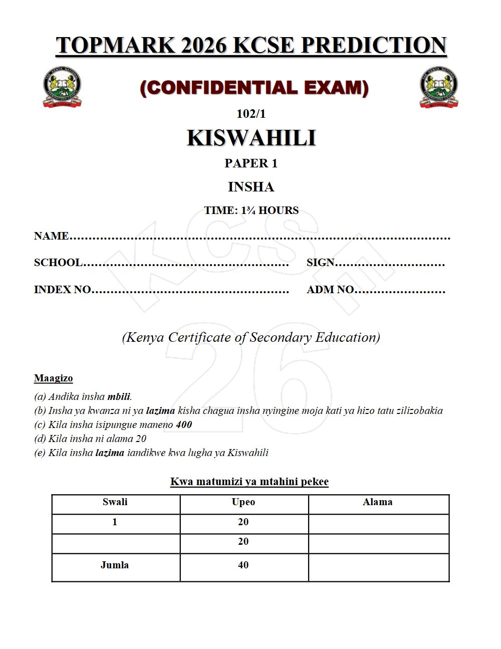 Preview of Form 4 KCSE Prediction Kiswahili Paper 1 Prediction Paper 2026