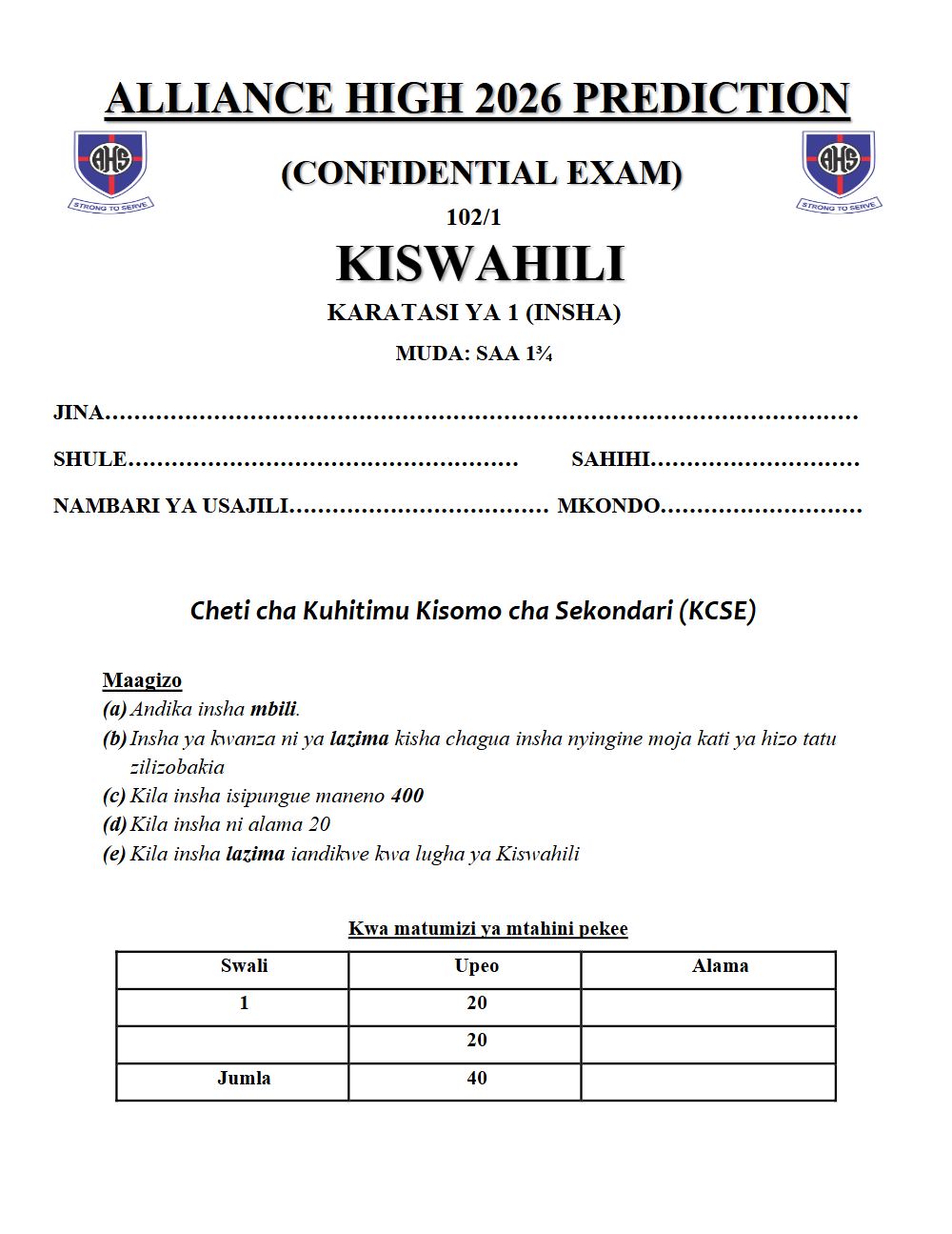 Preview of Form 4 KCSE Prediction Kiswahili Paper 1 Prediction Paper 2026