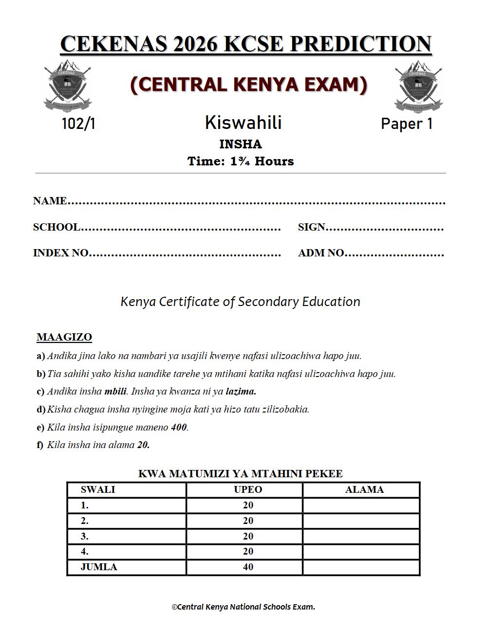 Preview of Form 4 KCSE Prediction Kiswahili Paper 1 Prediction Paper 2026