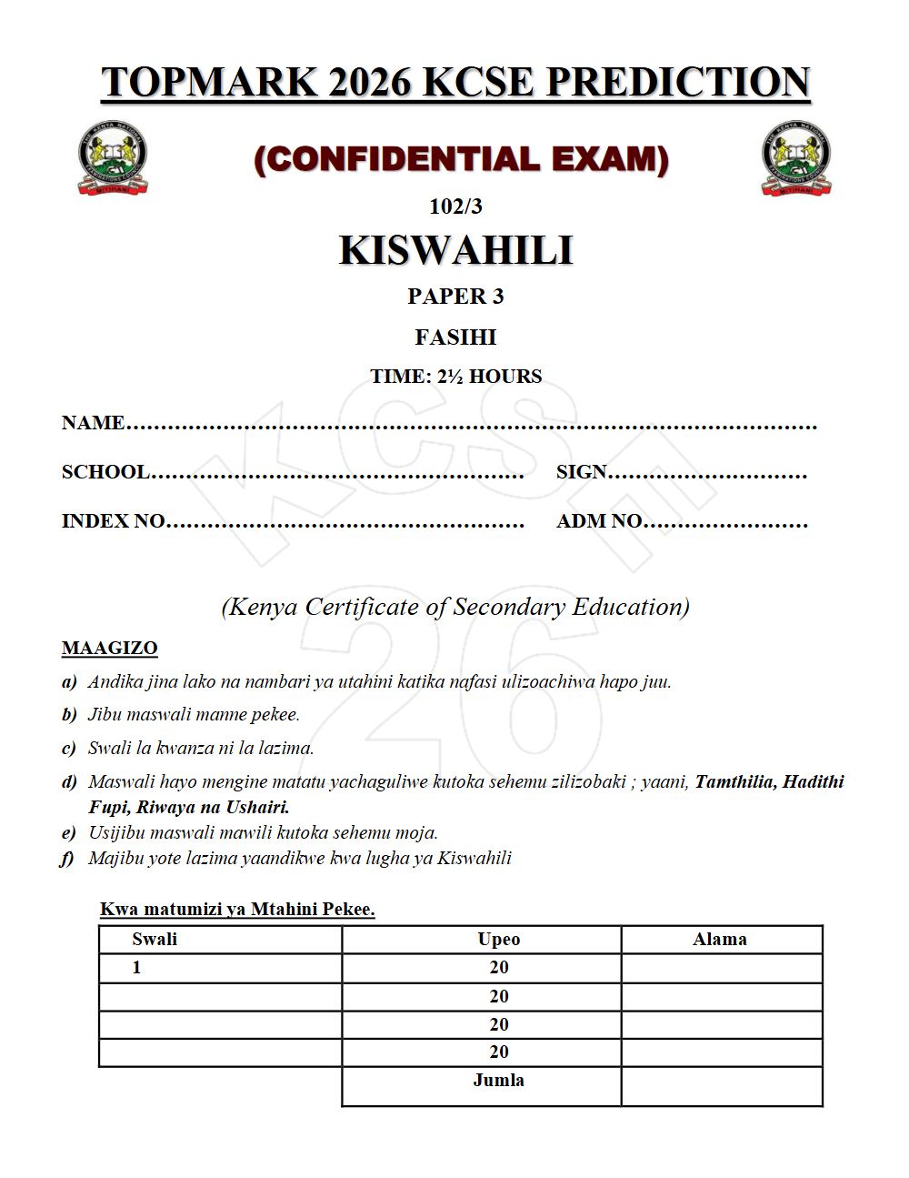 Preview of Form 4 KCSE Prediction Kiswahili Paper 3 Prediction Paper 2026