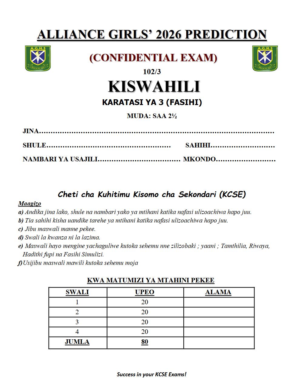 Preview of Form 4 KCSE Prediction Kiswahili Paper 3 Prediction Paper 2026