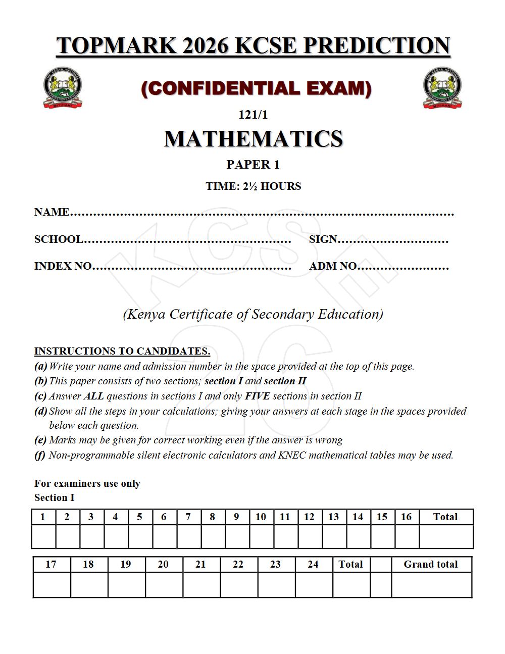 Preview of Form 4 KCSE Prediction Mathematics Paper 1 Prediction Paper 2026