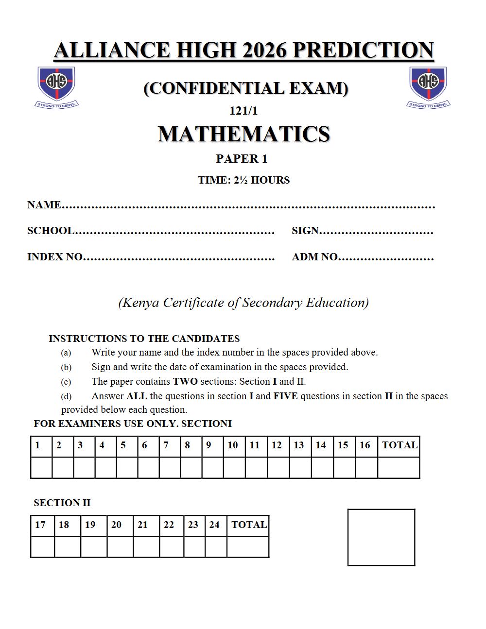 Preview of Form 4 KCSE Prediction Mathematics Paper 1 Prediction Paper 2026