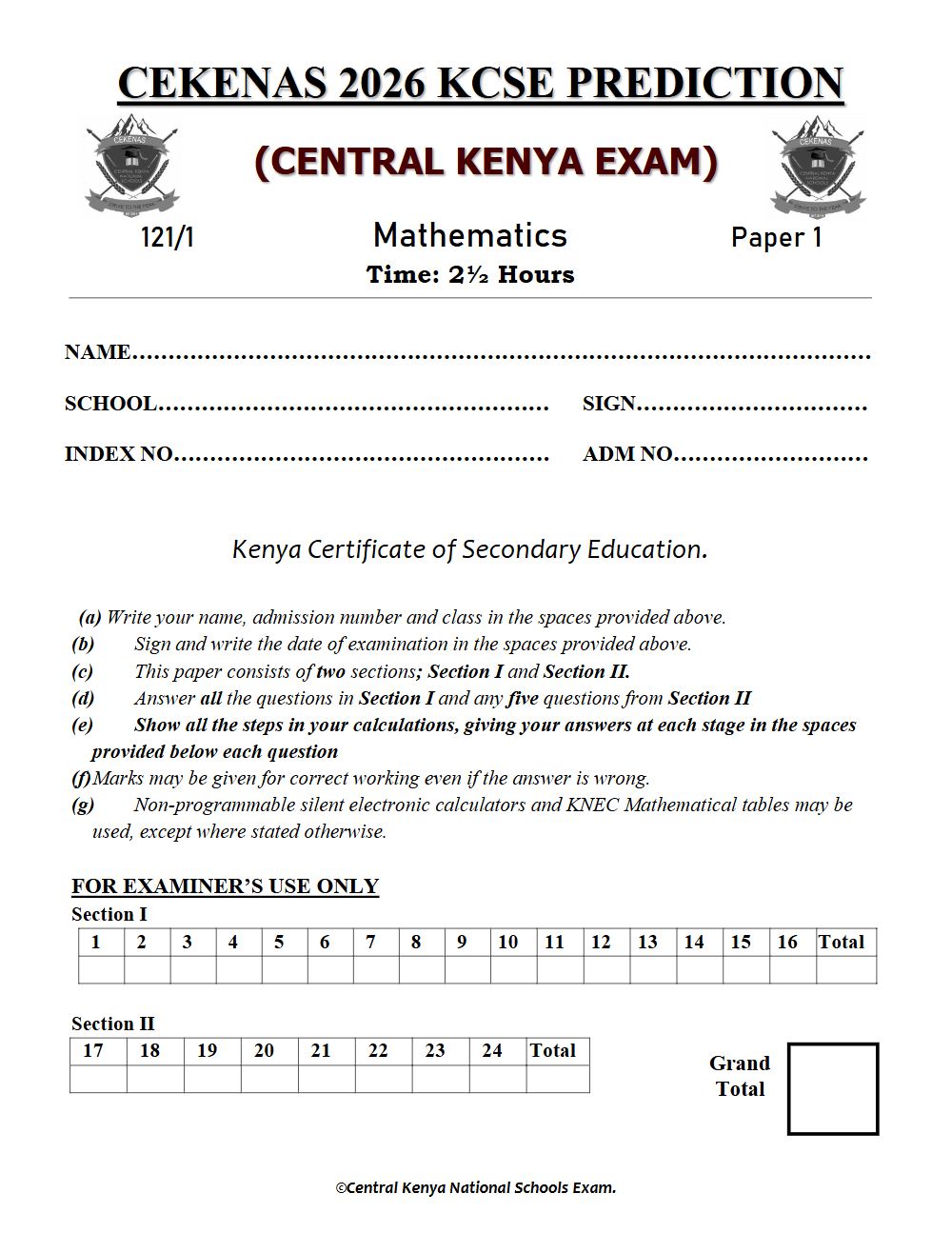 Preview of Form 4 KCSE Prediction Mathematics Paper 1 Prediction Paper 2026