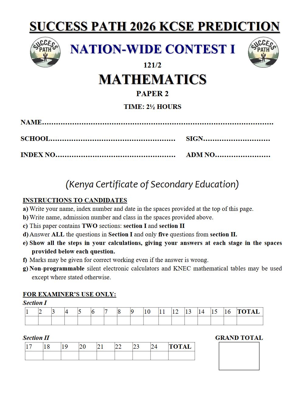 Preview of Form 4 KCSE Prediction Mathematics Paper 2 Prediction Paper 2026