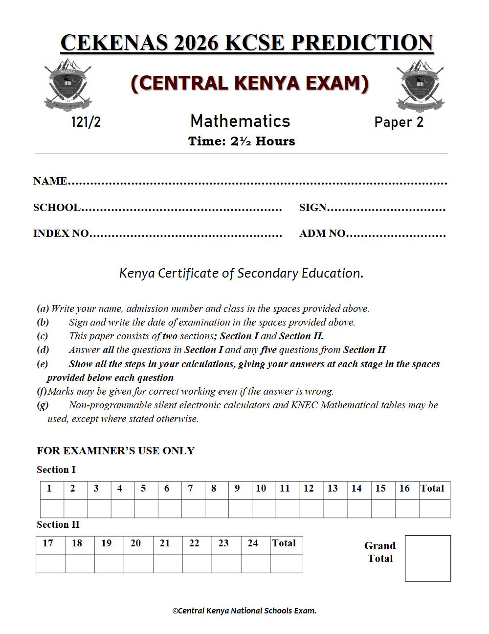 Preview of Form 4 KCSE Prediction Mathematics Paper 2 Prediction Paper 2026