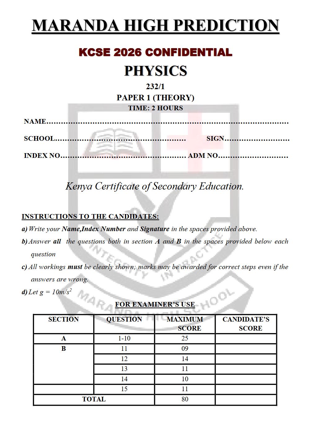 Preview of Form 4 KCSE Prediction Physics Paper 1 Prediction Paper 2026