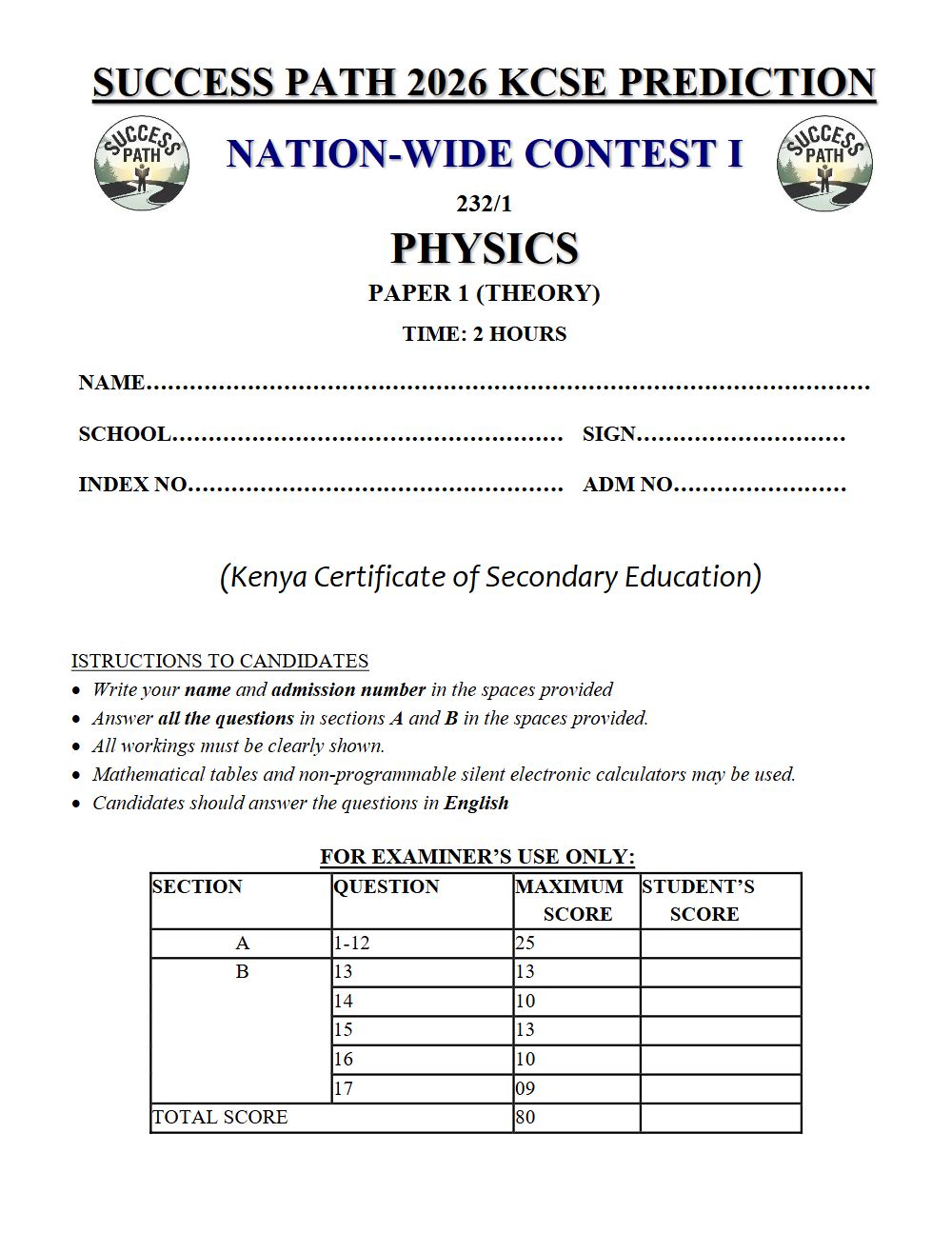 Preview of Form 4 KCSE Prediction Physics Paper 1 Prediction Paper 2026