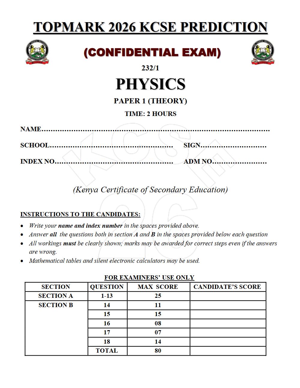 Preview of Form 4 KCSE Prediction Physics Paper 1 Prediction Paper 2026