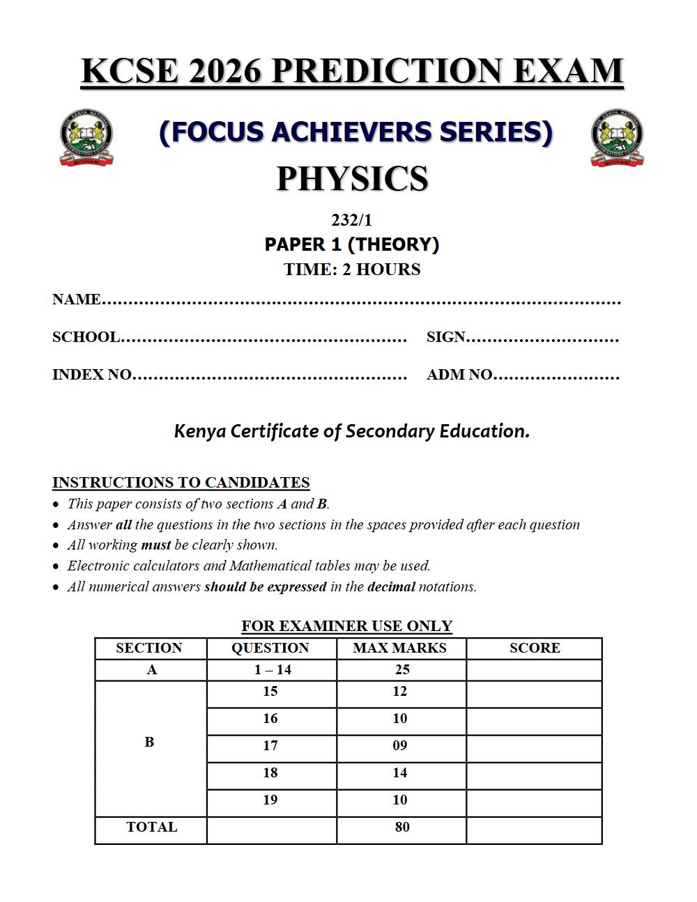 Preview of Form 4 KCSE Prediction Physics Paper 1 Prediction Paper 2026