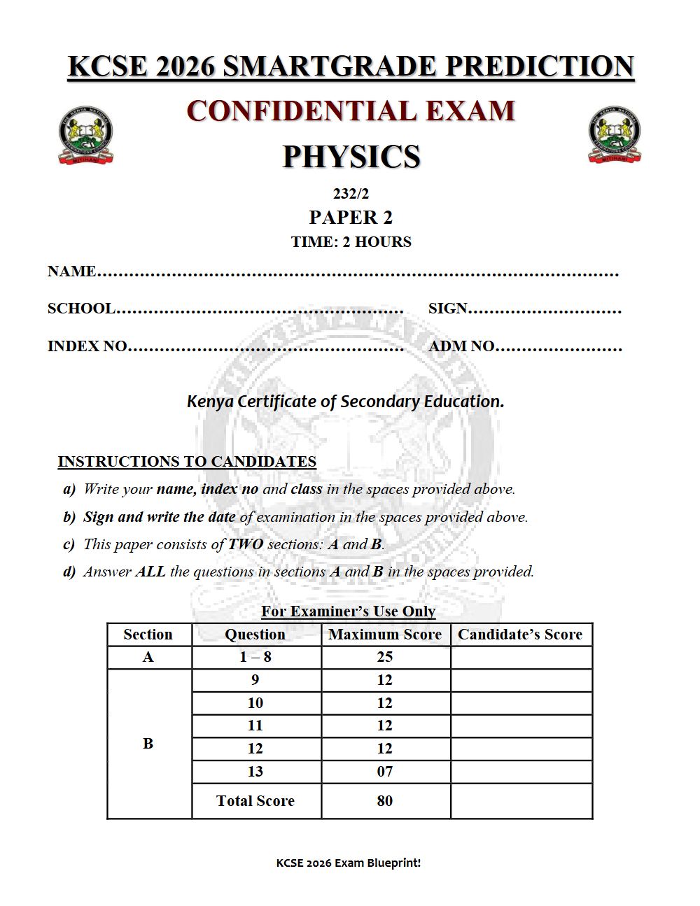 Preview of Form 4 KCSE Prediction Physics Paper 2 Prediction Paper 2026