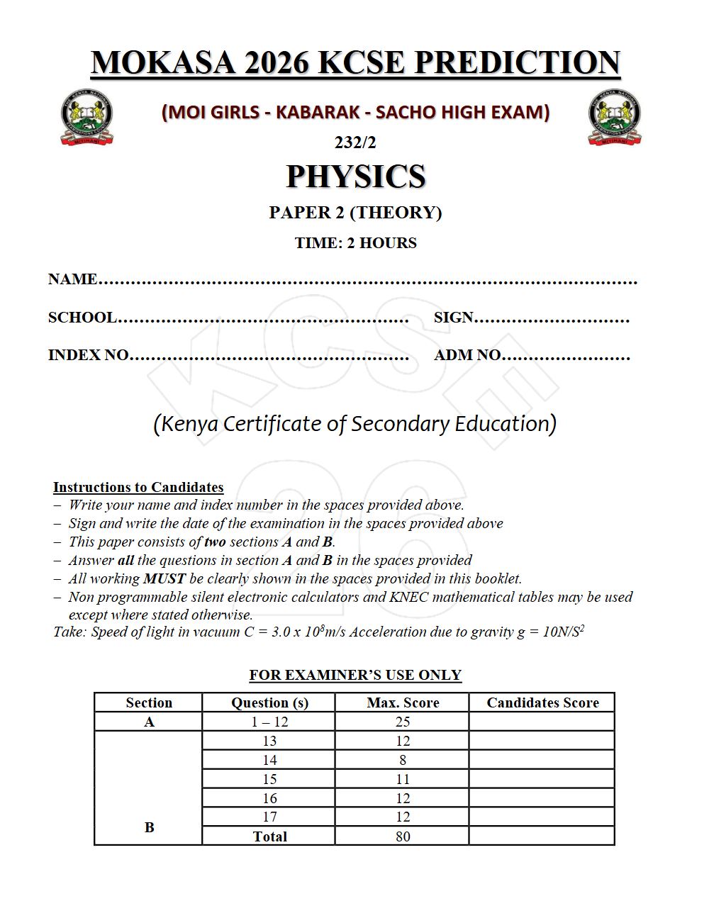 Preview of Form 4 KCSE Prediction Physics Paper 2 Prediction Paper 2026