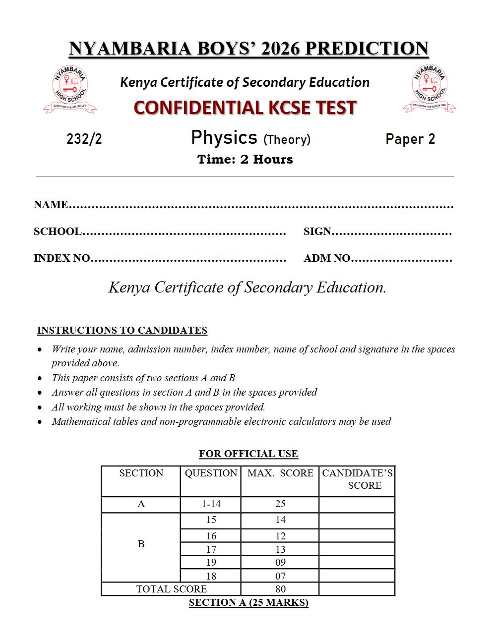 Preview of Form 4 KCSE Prediction Physics Paper 2 Prediction Paper 2026