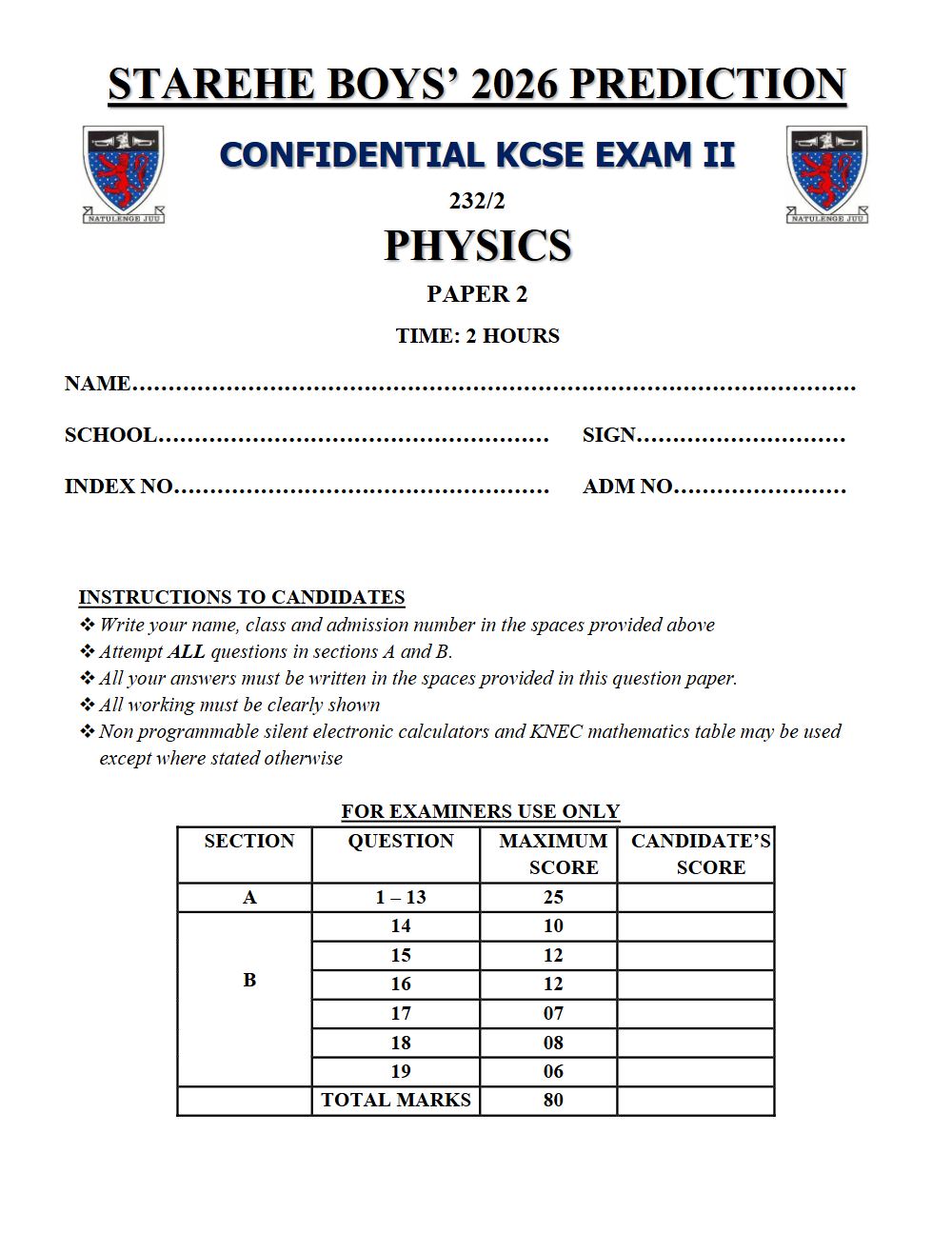 Preview of Form 4 KCSE Prediction Physics Paper 2 Prediction Paper 2026